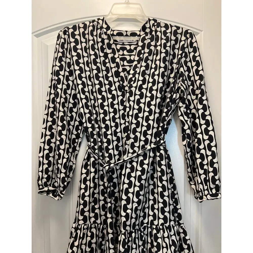 Zara Women’s V-Neck Long Sleeve Geometric Tie‎ Waist Mini Dress Sz M Black Beige